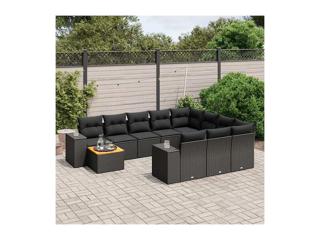 Salon de jardin 11 pcs avec coussins noir résine tressée