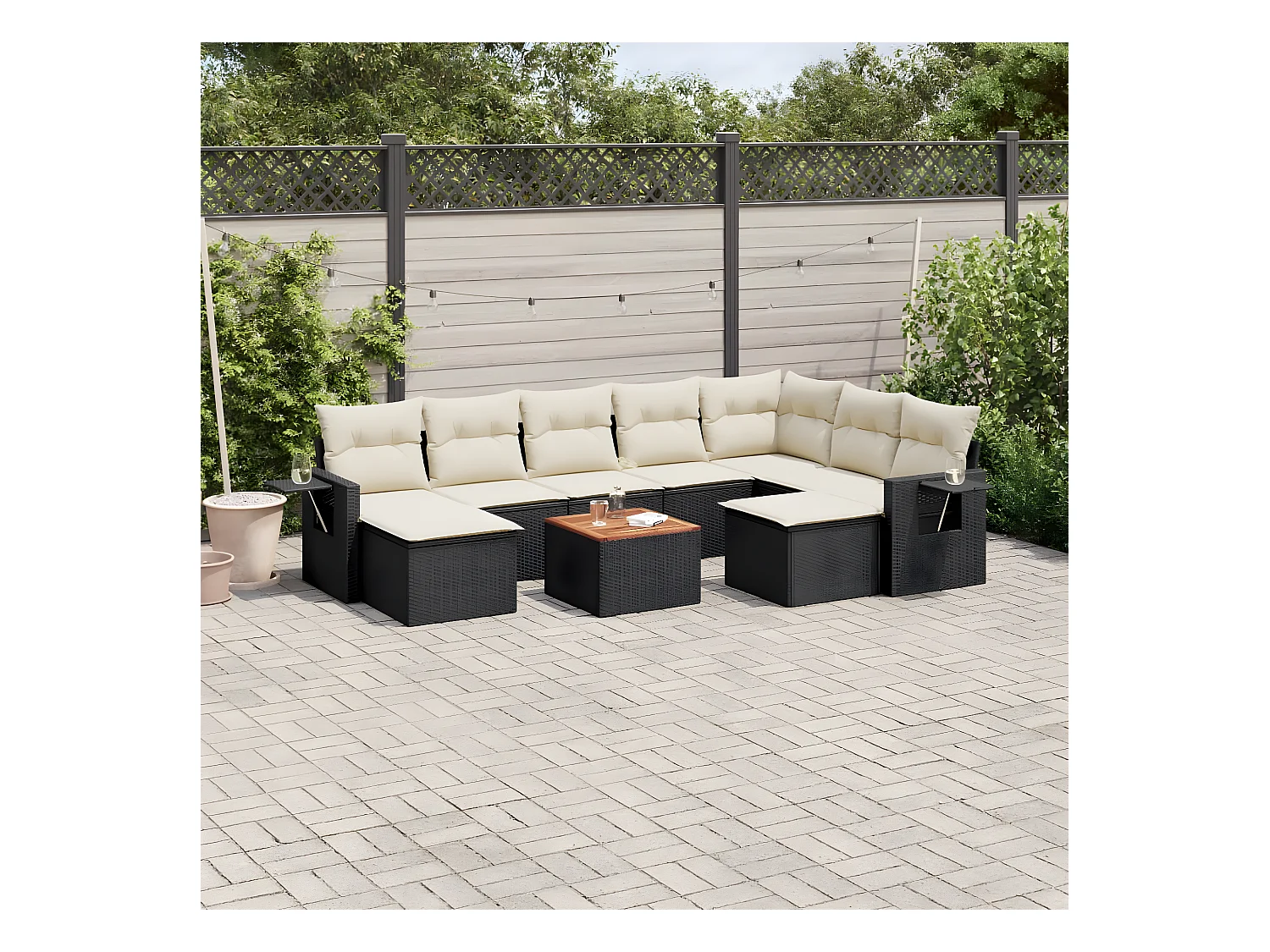 Salon de jardin 10 pcs avec coussins noir résine tressée