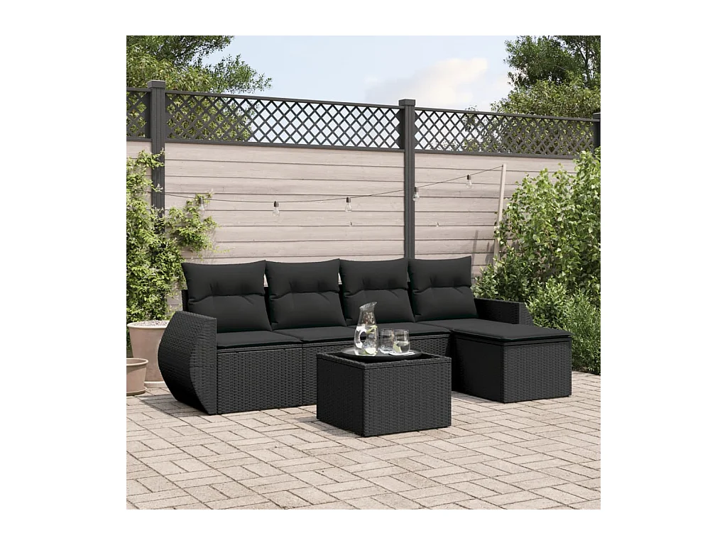 Set Divano da Giardino 6 pz con Cuscini Nero in Polyrattan