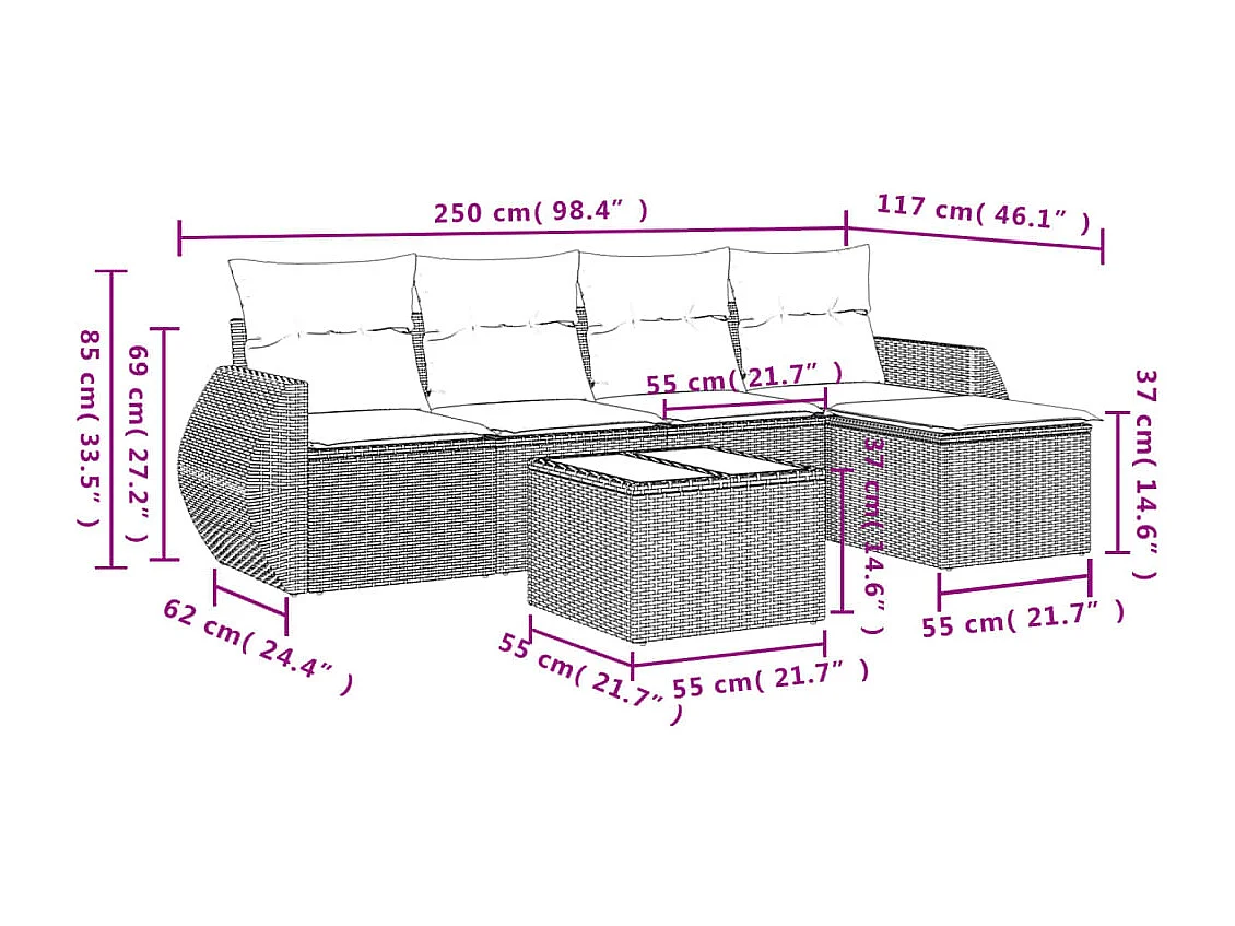 6-tlg. Garten-Sofagarnitur mit Kissen Schwarz Poly Rattan
