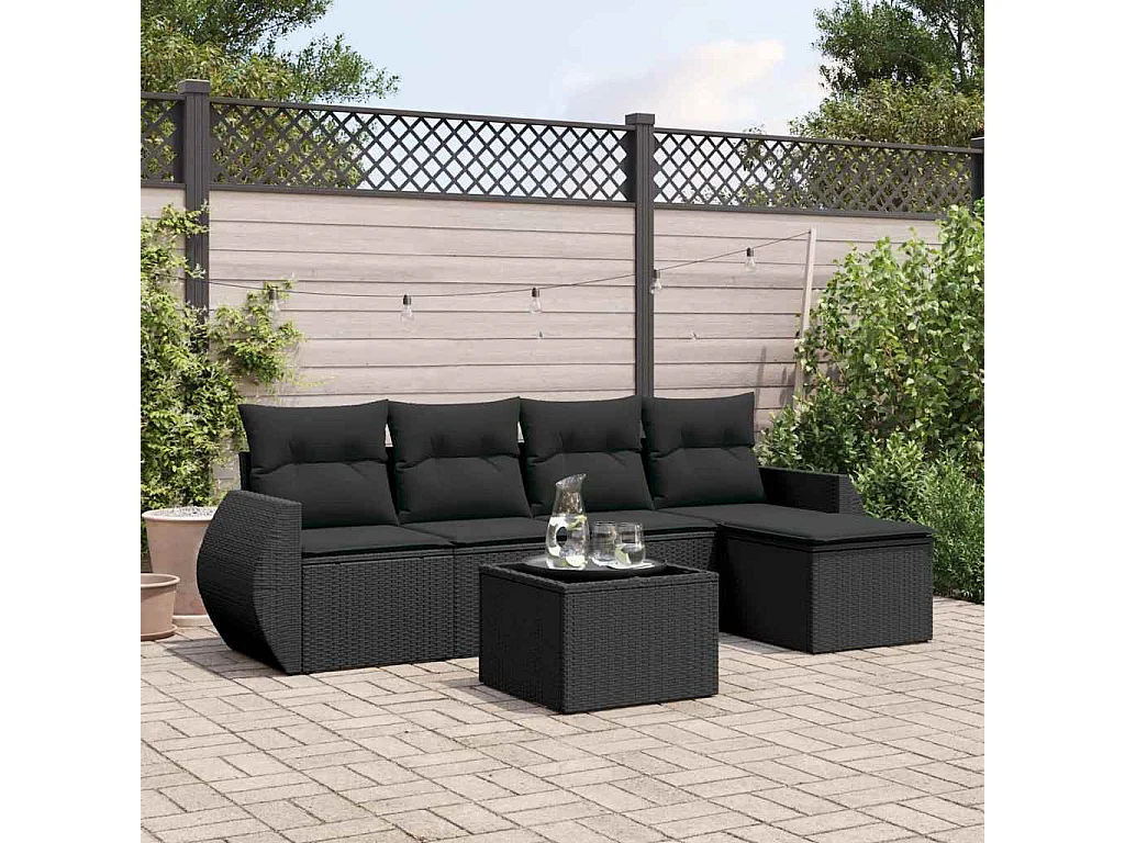 6-delige Loungeset met kussens poly rattan zwart