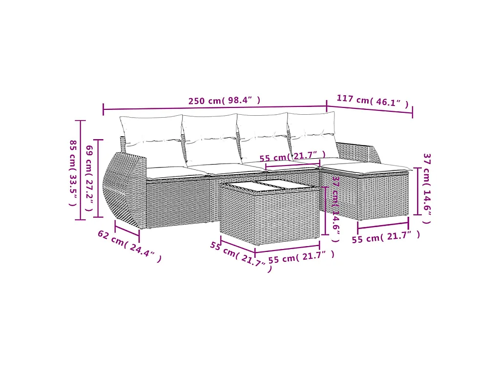 6-delige Loungeset met kussens poly rattan zwart