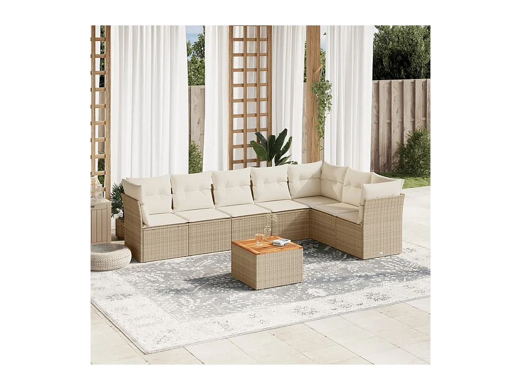 Salon de jardin avec coussins 8 pcs beige résine tressée
