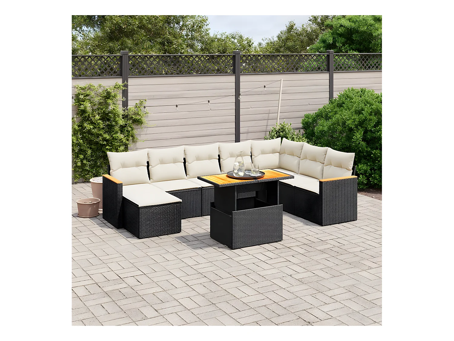 Salon de jardin 9 pcs avec coussins noir résine tressée