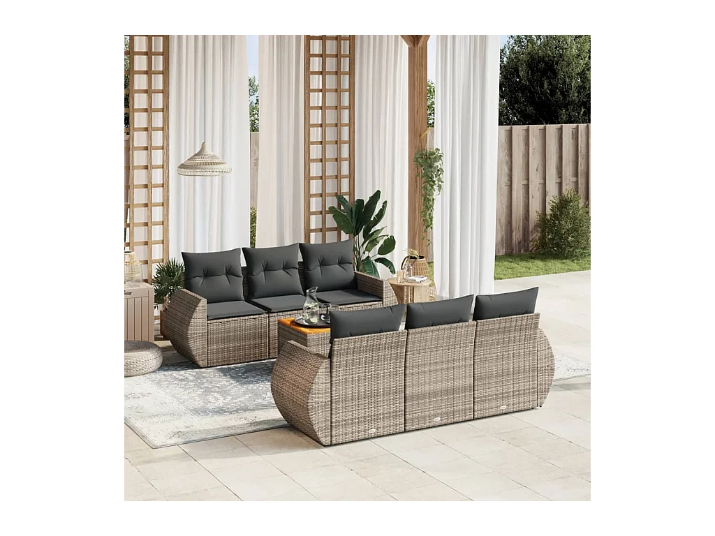 Salon de jardin avec coussins 7 pcs gris résine tressée