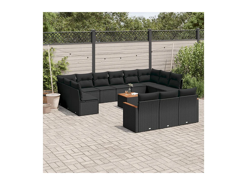 Salon de jardin avec coussins 14 pcs noir résine tressée