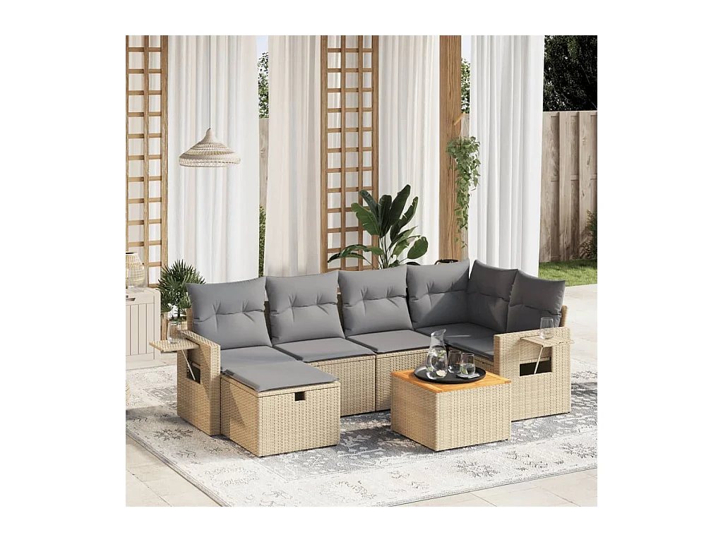 Juego de sofás jardín con cojines beige mezcla 7 pzas ratán PE