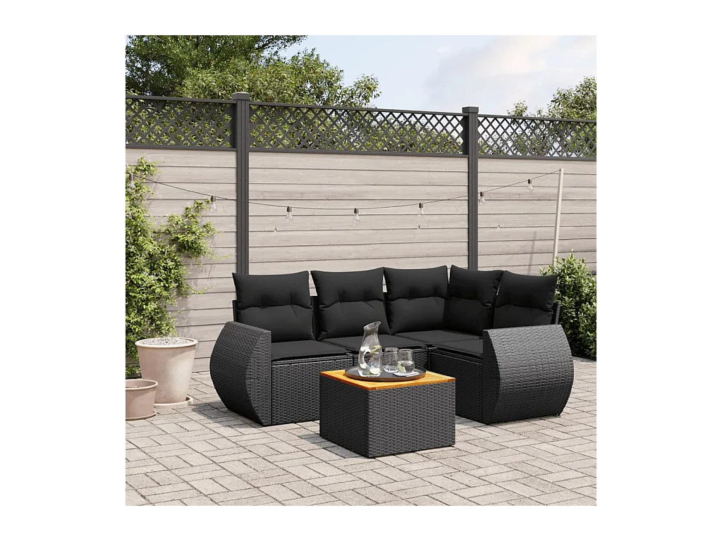 Salon de jardin 5 pcs avec coussins noir résine tressée