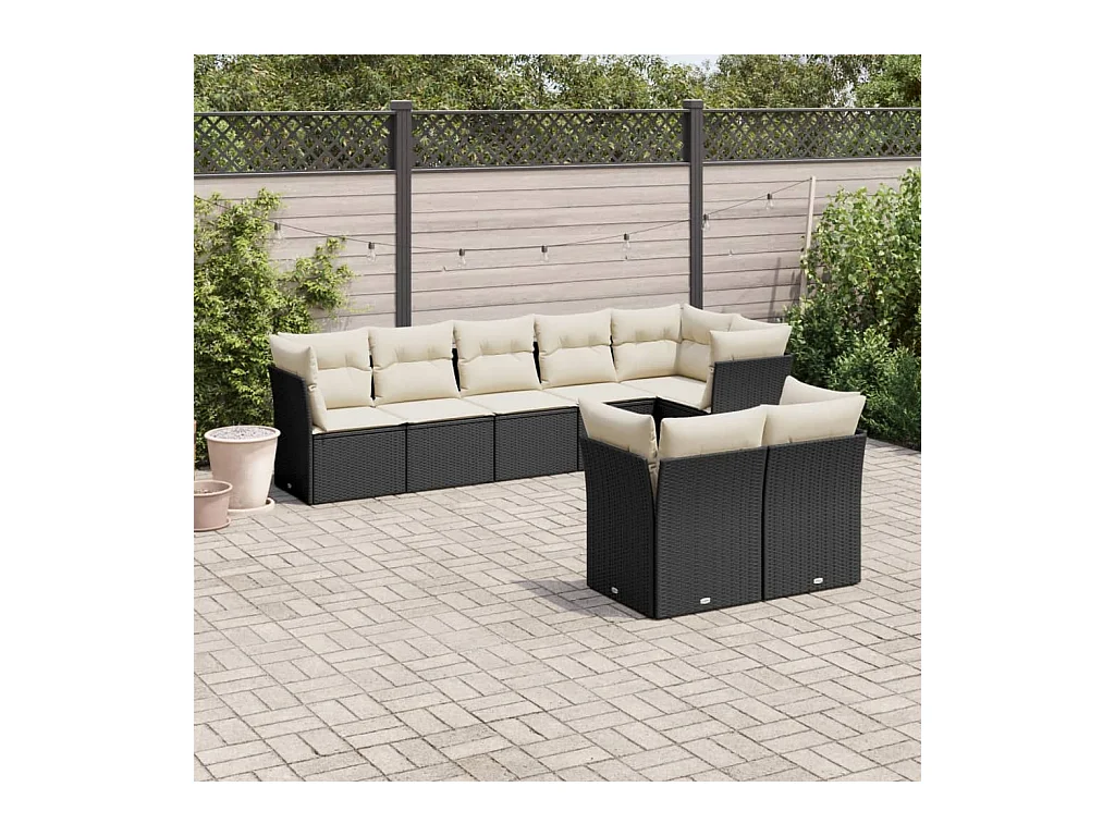 8-delige Loungeset met kussens poly rattan zwart