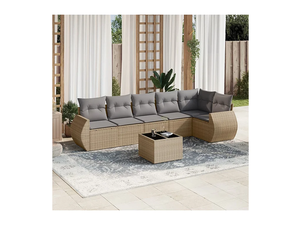 Salon de jardin avec coussins 7 pcs beige résine tressée