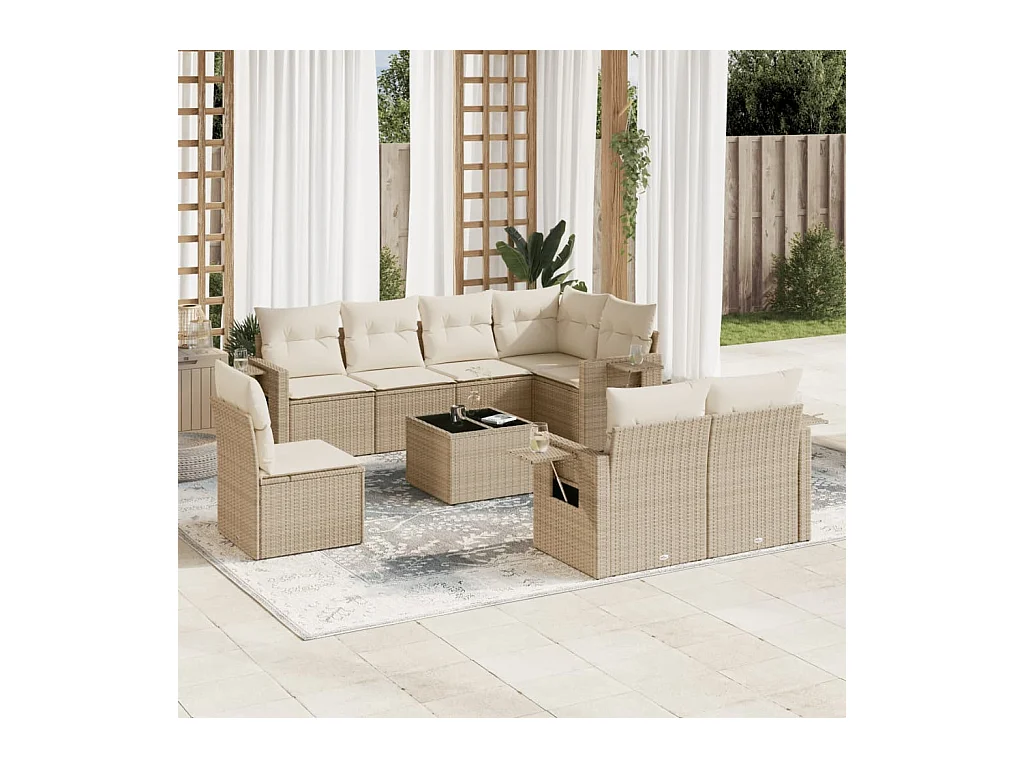 Salon de jardin avec coussins 9 pcs beige résine tressée