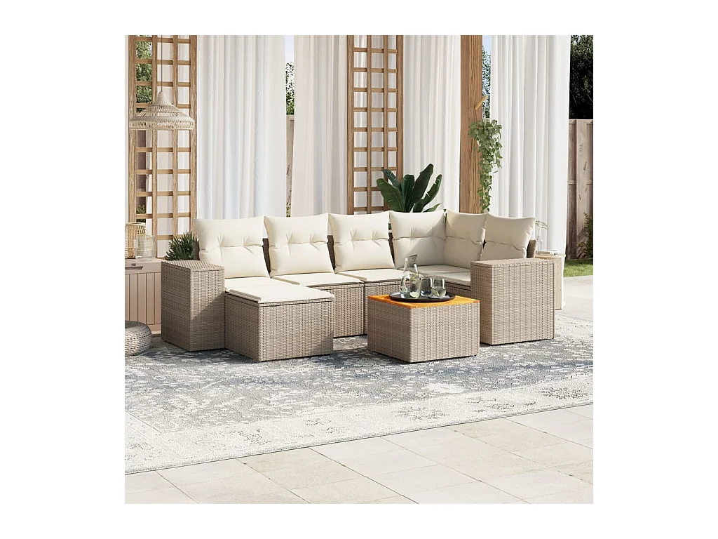 Salon de jardin avec coussins 7 pcs beige résine tressée