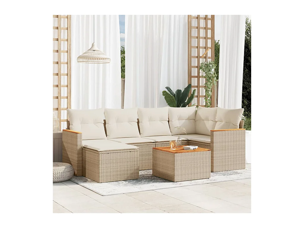 Set sofás de jardín 7 piezas y cojines ratán sintético beige