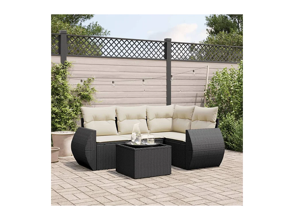 5-delige Loungeset met kussens poly rattan zwart