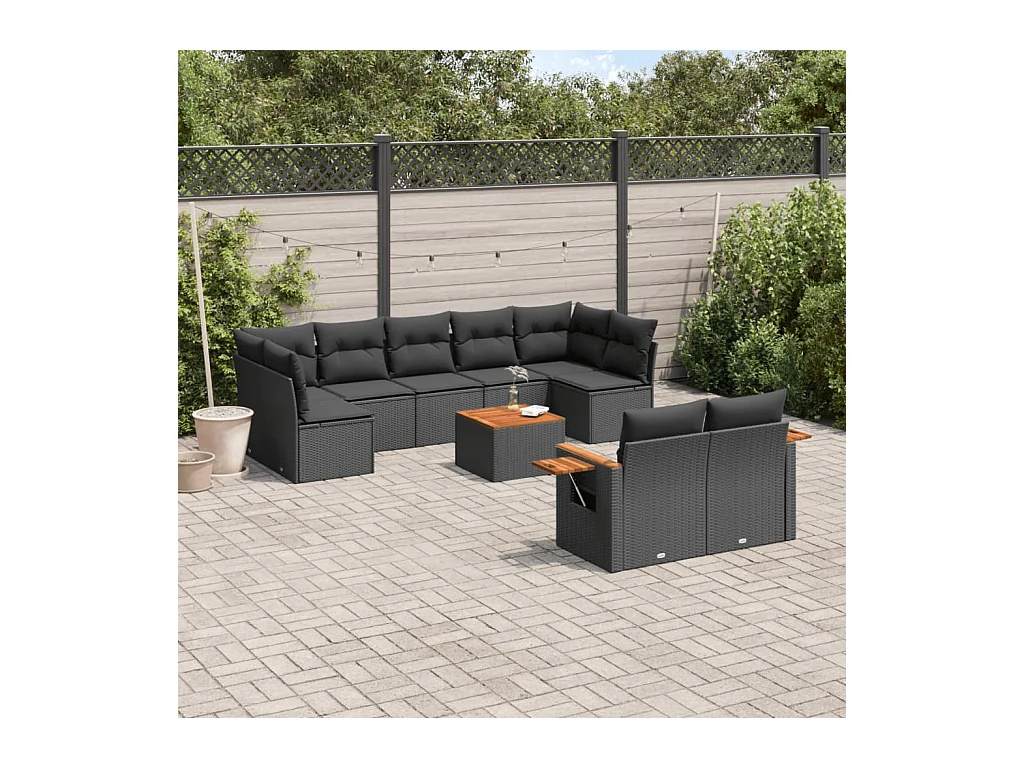 Salon de jardin 10 pcs avec coussins noir résine tressée