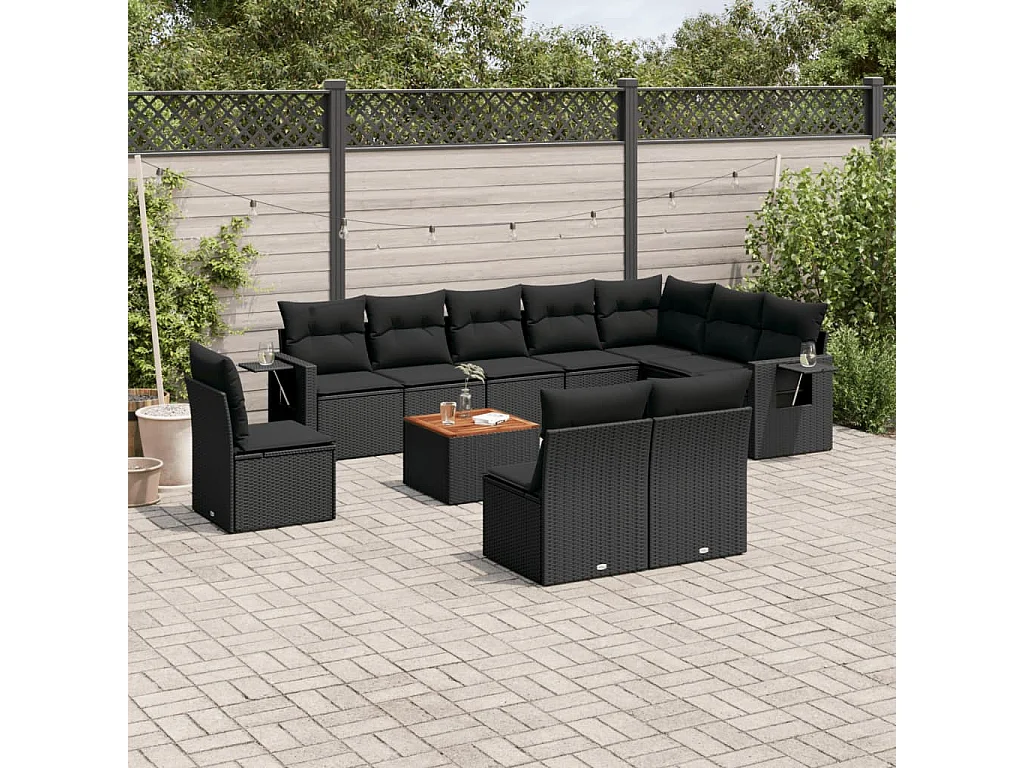 11-delige Loungeset met kussens poly rattan zwart