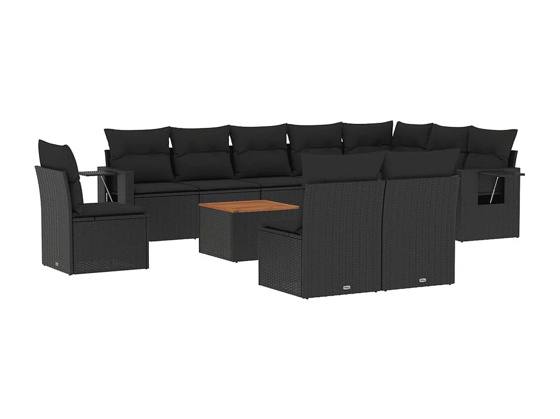 11-delige Loungeset met kussens poly rattan zwart