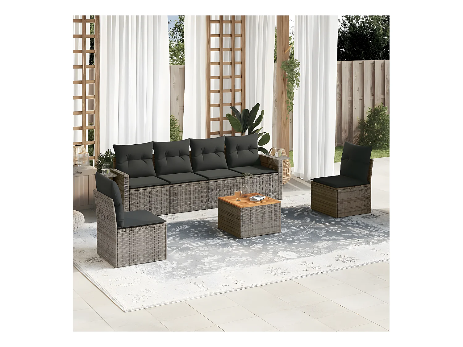 7-tlg. Garten-Sofagarnitur mit Kissen Grau Poly Rattan