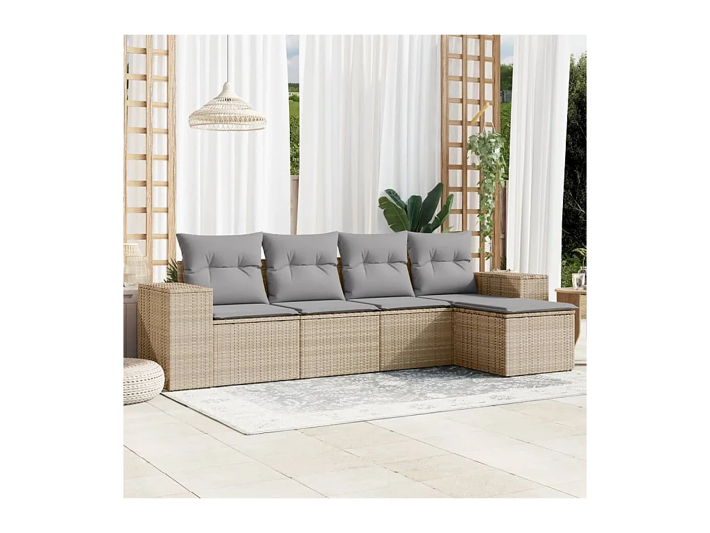 5-tlg. Garten-Sofagarnitur mit Kissen Beige Poly Rattan