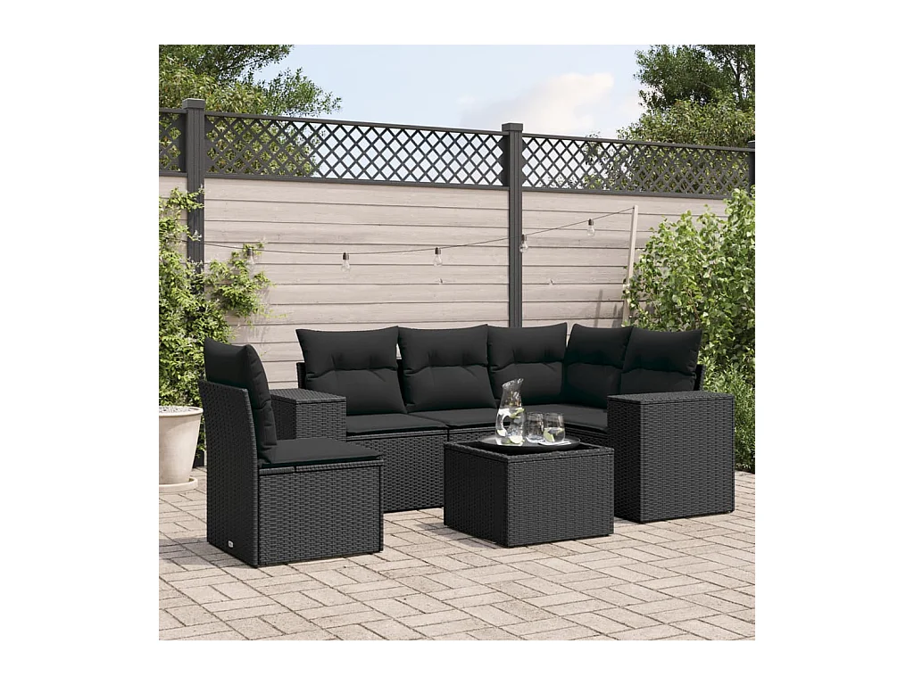 6-delige Loungeset met kussens poly rattan zwart