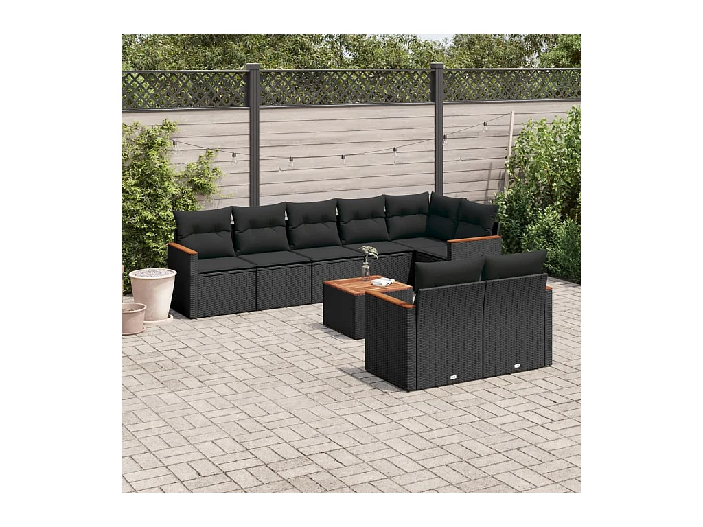 Set de sofás de jardín 8 piezas y cojines ratán sintético negro
