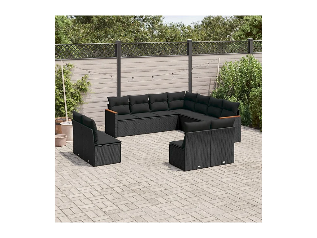 Set de sofás de jardín 11 pzas y cojines ratán sintético negro