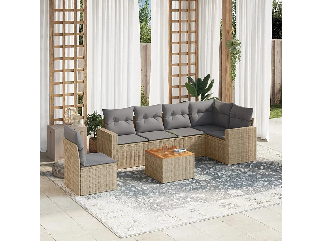 Set Divano da Giardino 7 pz con Cuscini Beige Misto Polyrattan