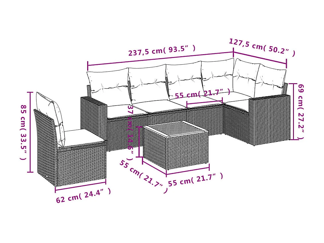 Set Divano da Giardino 7 pz con Cuscini Beige Misto Polyrattan
