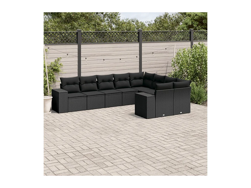 Salon de jardin 9 pcs avec coussins noir résine tressée