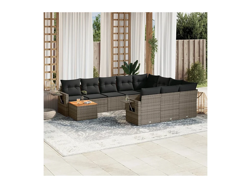 11-tlg. Garten-Sofagarnitur mit Kissen Grau Poly Rattan
