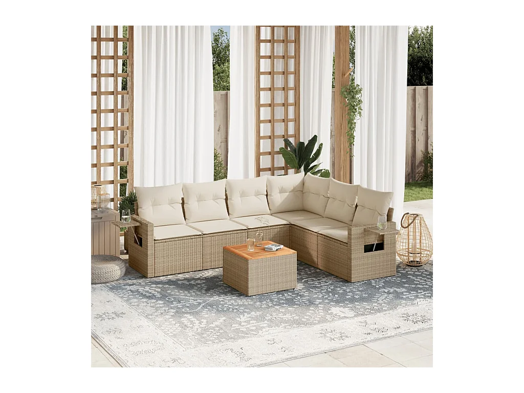 Salon de jardin avec coussins 7 pcs beige résine tressée