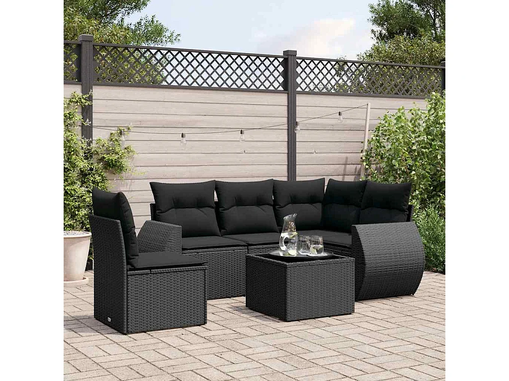 Salon de jardin 6 pcs avec coussins noir résine tressée