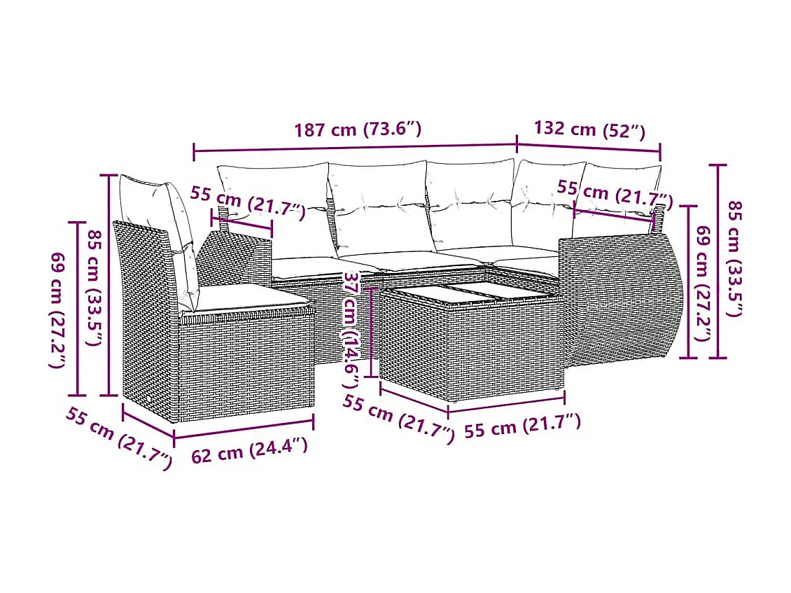 Salon de jardin 6 pcs avec coussins noir résine tressée