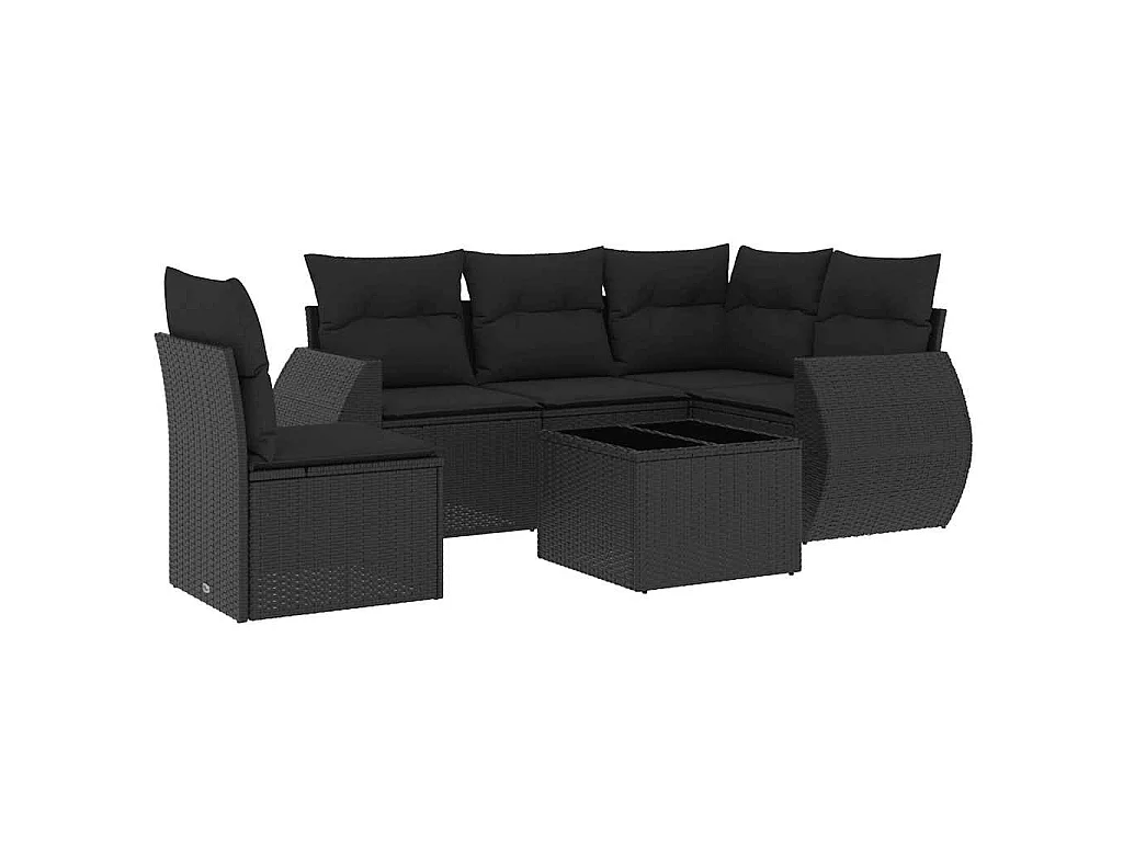 Salon de jardin 6 pcs avec coussins noir résine tressée