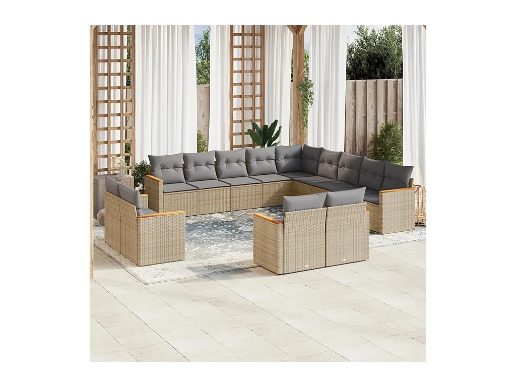 Set Divano da Giardino 13 pz con Cuscini Beige Misto Polyrattan