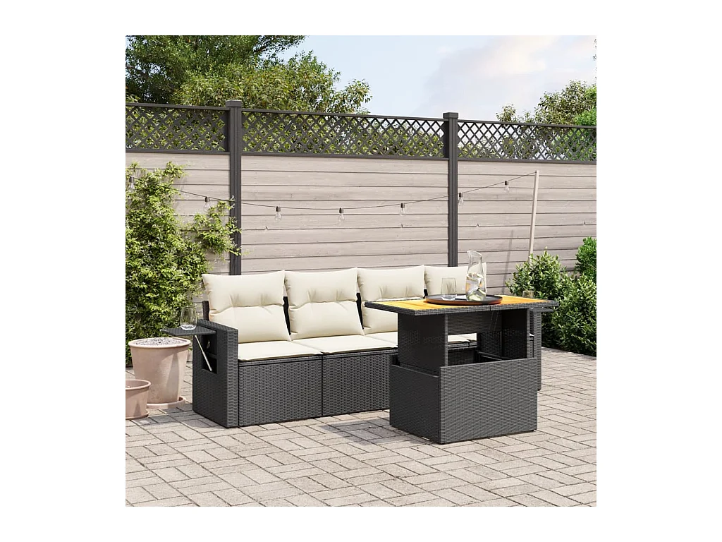 Salon de jardin 5 pcs avec coussins noir résine tressée