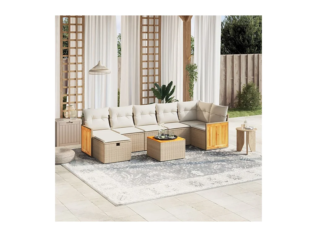 Salon de jardin avec coussins 8 pcs beige résine tressée