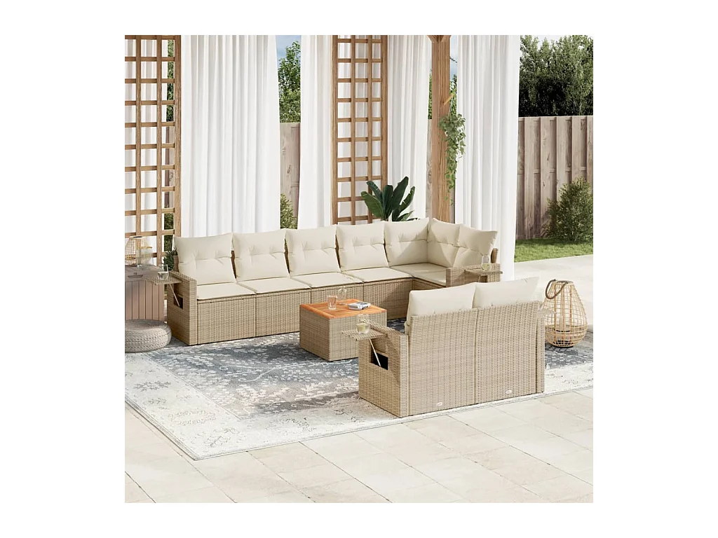 9-tlg. Garten-Sofagarnitur mit Kissen Beige Poly Rattan