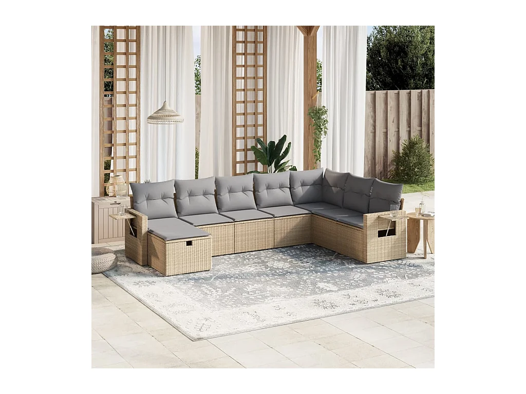 Set Divano da Giardino 8 pz con Cuscini Beige Misto Polyrattan