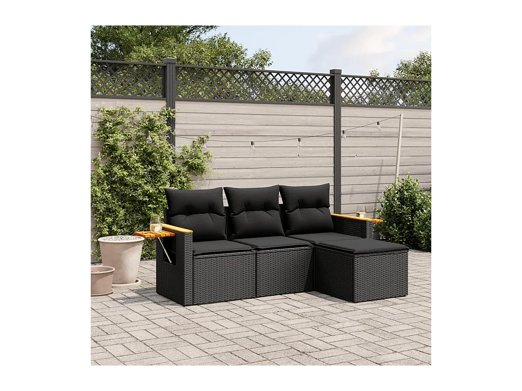 Salon de jardin 4 pcs avec coussins noir résine tressée
