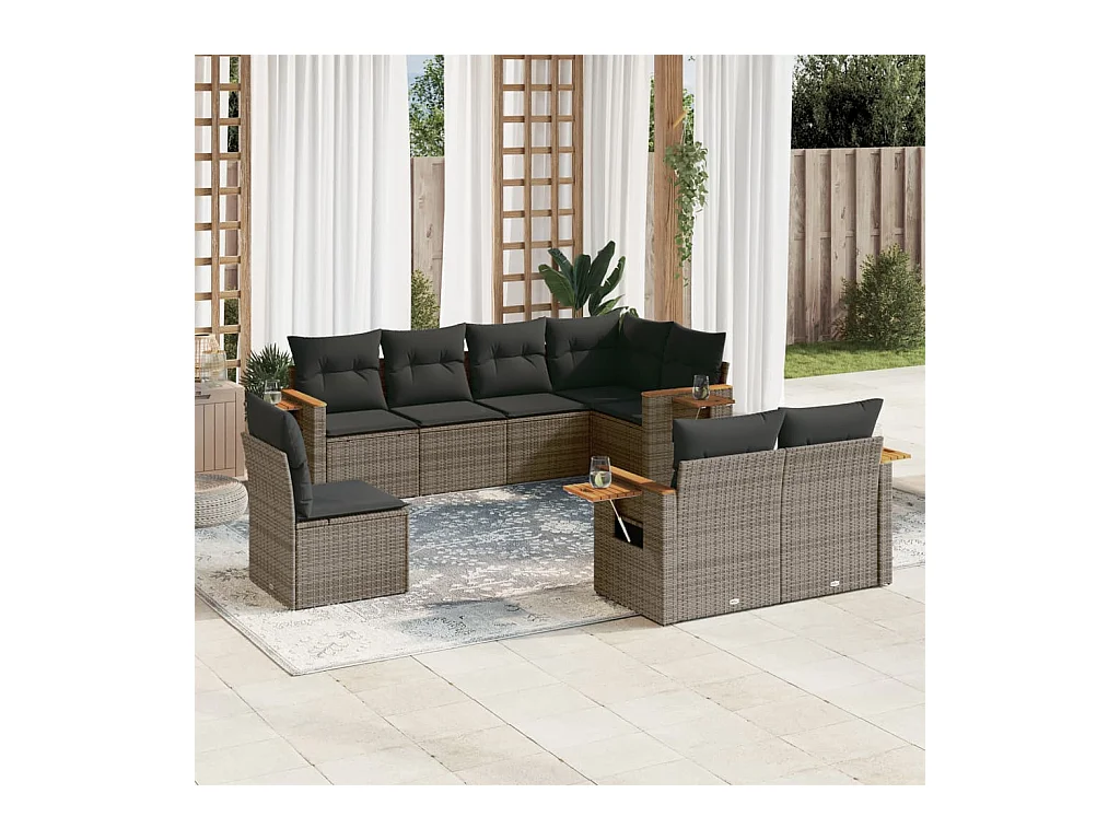 8-tlg. Garten-Sofagarnitur mit Kissen Grau Poly Rattan