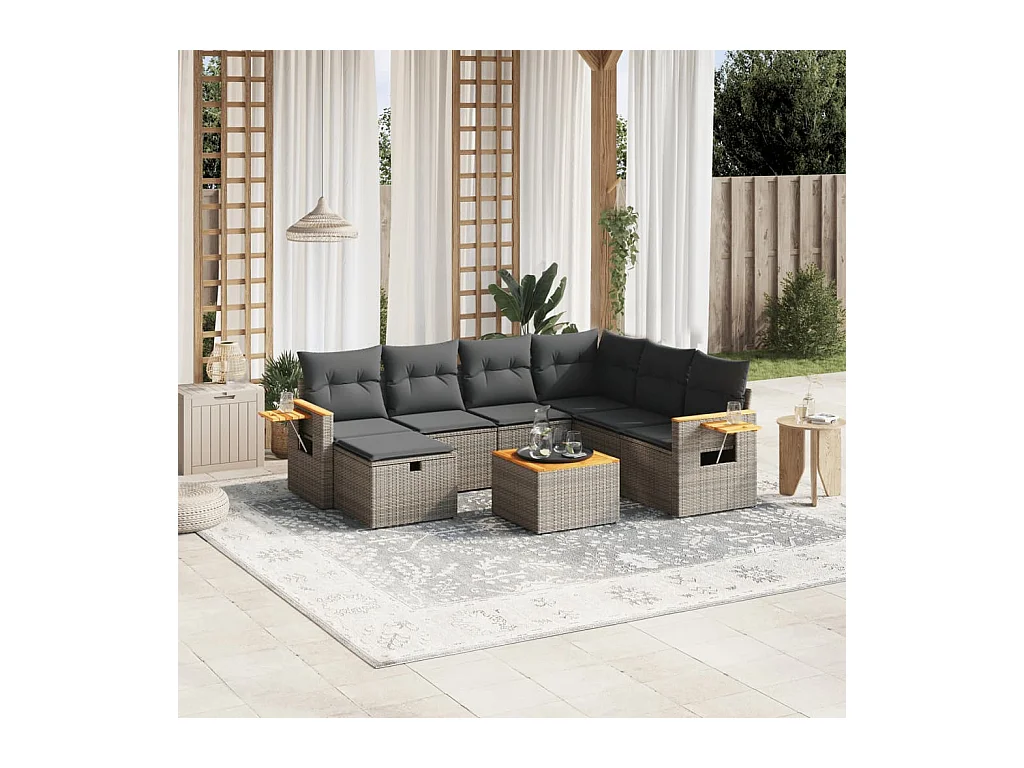 8-delige Loungeset met kussens poly rattan grijs