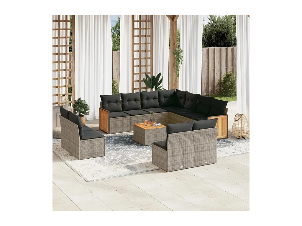 Salon de jardin avec coussins 12 pcs gris résine tressée