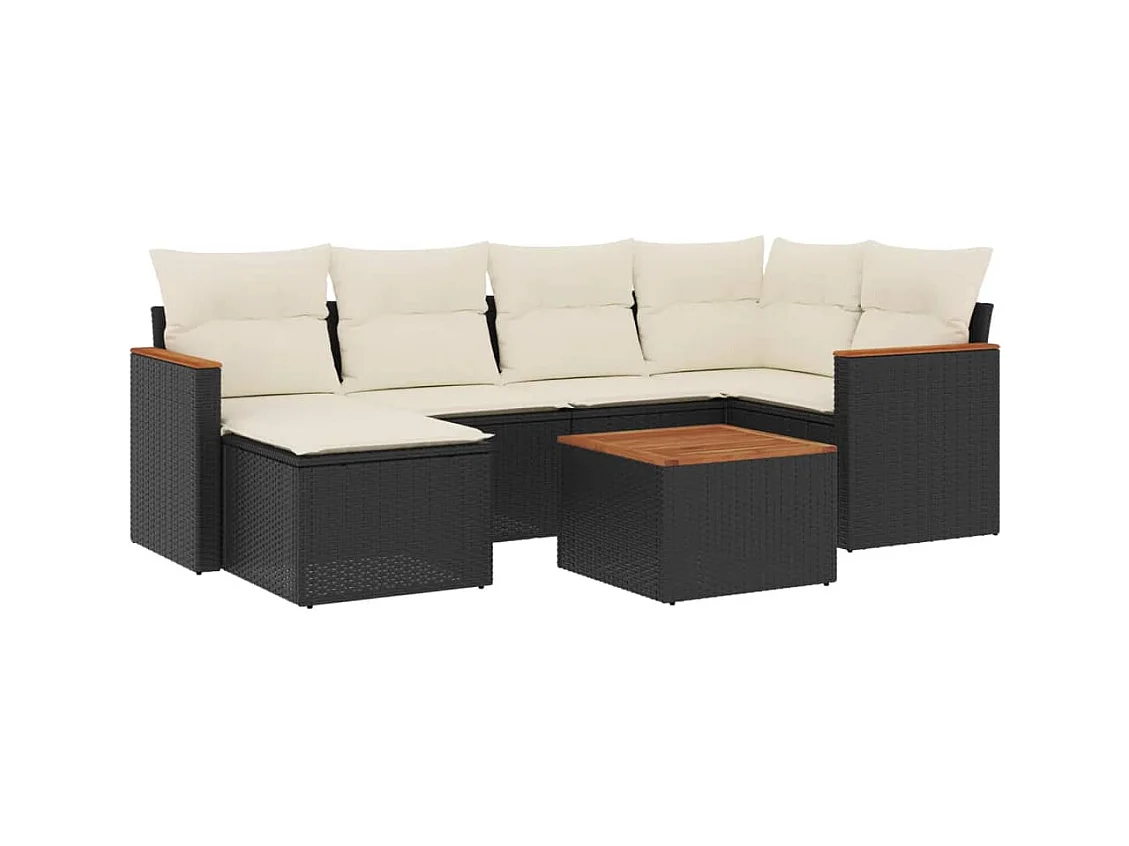 7-tlg. Garten-Sofagarnitur mit Kissen Schwarz Poly Rattan