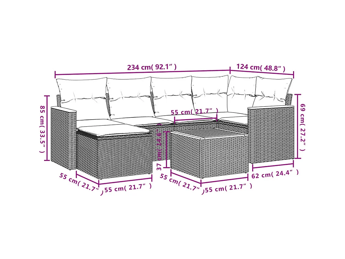 7-tlg. Garten-Sofagarnitur mit Kissen Schwarz Poly Rattan