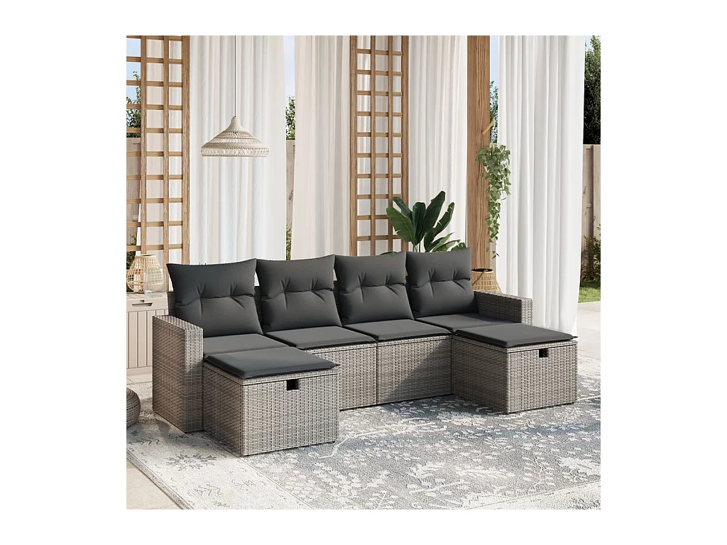 6-delige Loungeset met kussens poly rattan grijs