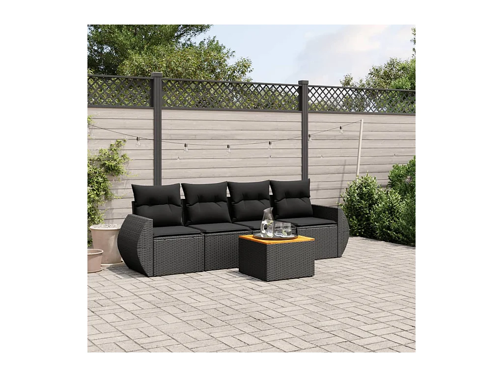 Salon de jardin 5 pcs avec coussins noir résine tressée
