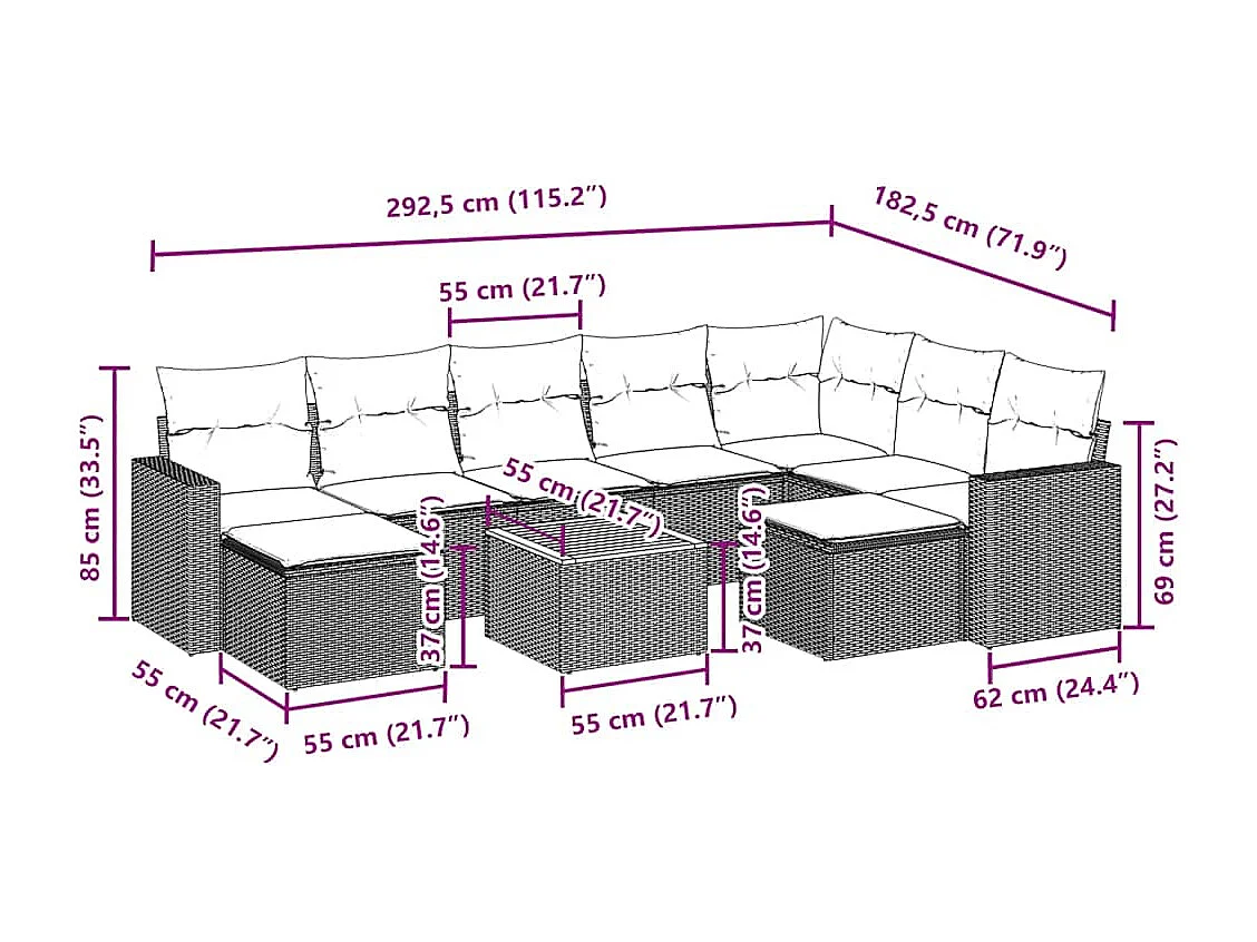 10-tlg. Garten-Sofagarnitur mit Kissen Schwarz Poly Rattan