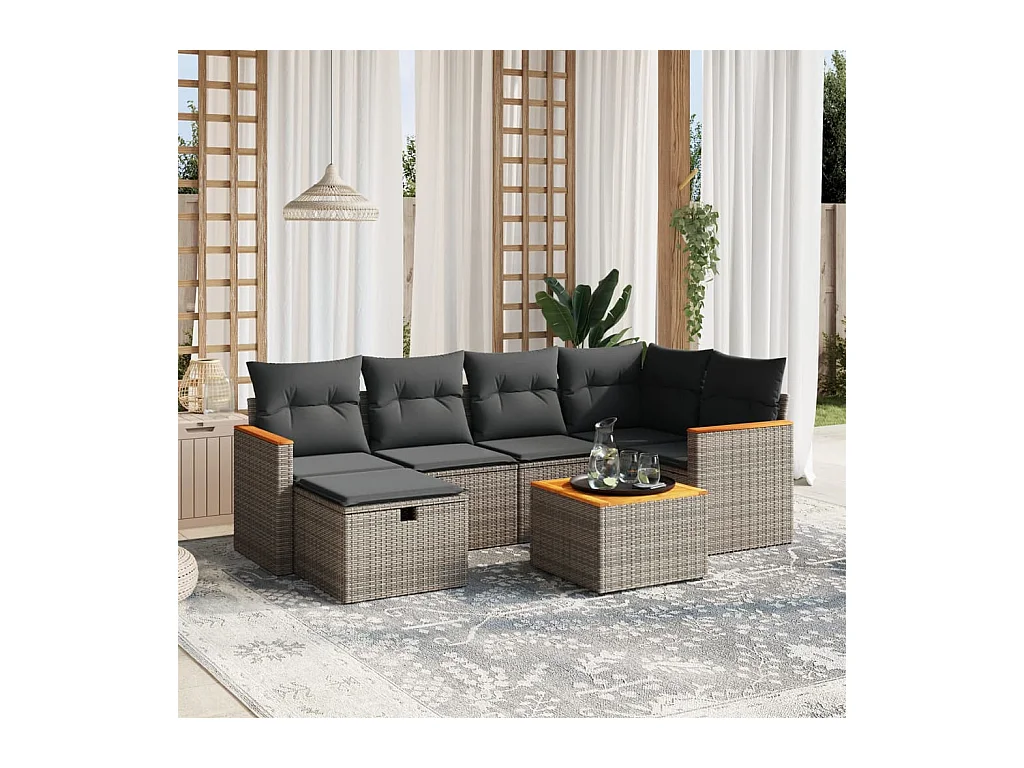 Salon de jardin avec coussins 7 pcs gris résine tressée