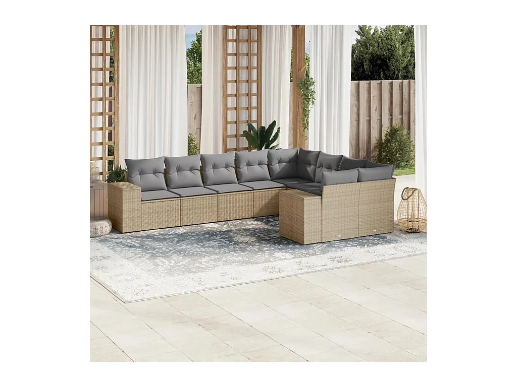 Set Divano da Giardino 9 pz con Cuscini Beige in Polyrattan